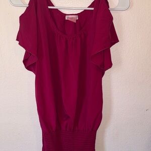 Woman’s Dark Pink Ruffle Hem Blouse With Sleeve Cut Outs, Size M